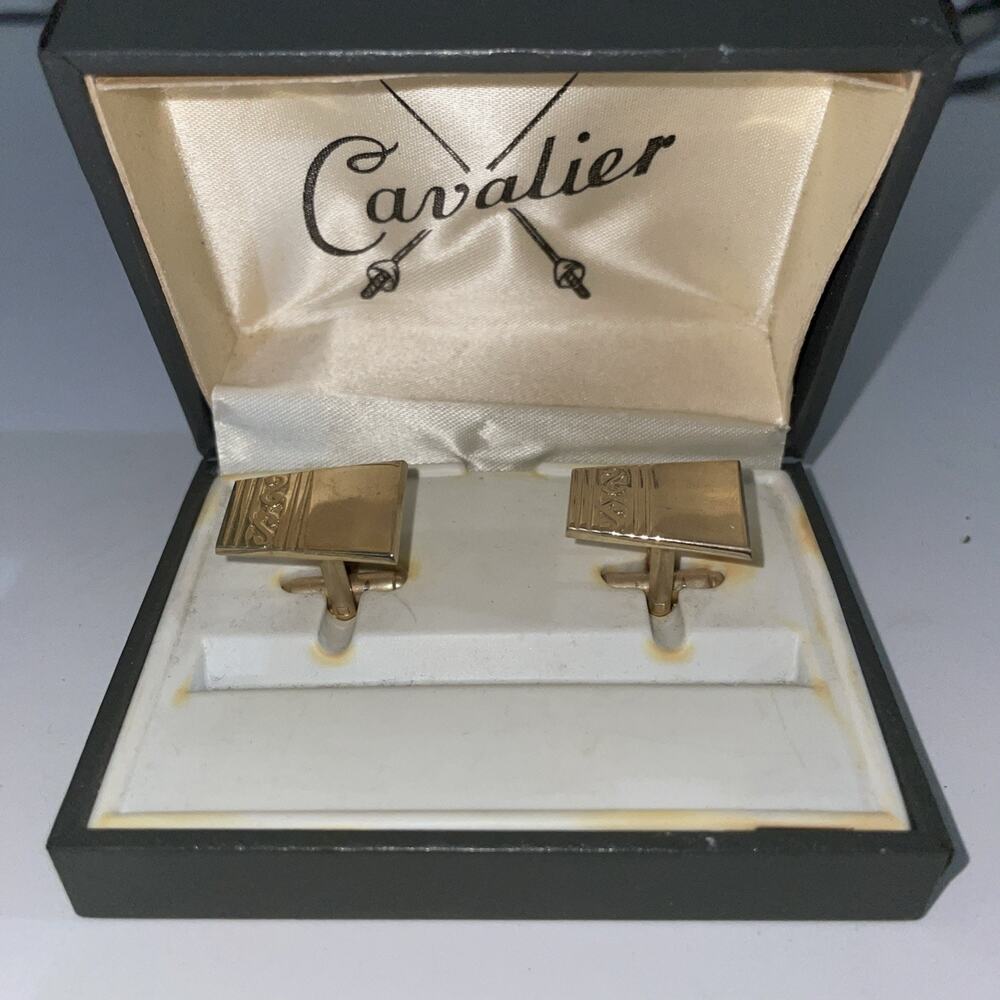 Vintage Cavalier Cufflinks In Box Gold Tone Abstract Rectangle